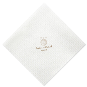 Celebrate your union under the mirrored lights with the Groovy Glitz Wedding Napkin. This festive design features a sparkling disco ball and twinkling sparkles, setting a lively mood. Add a personal touch with the couple's names elegantly scripted above, and the wedding date in a polished serif font below, for a chic nod to your unforgettable evening.
