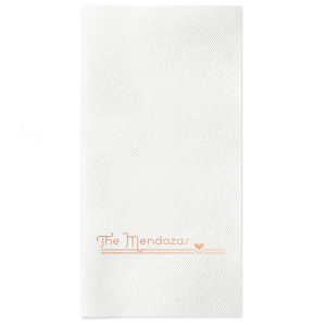 The Modern Heart Flourish Napkin design marries minimalist style with heartfelt symbolism. The family name floats gracefully above a contemporary line, punctuated by a solitary heart. This design is perfect for the modern couple who appreciates clean lines and elegant simplicity.