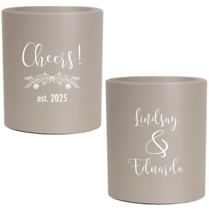 Clink your cans in style with the Cheers to the Bride and Groom Can Cooler where a spirited 'Cheers!' meets a cascade of florals. The establishment year below and names in lively script on the back toast to the newlyweds with a flourish of sophistication