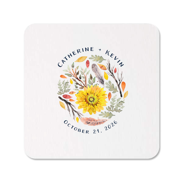 For those who cherish the beauty of nature, the Autumn Flowers Custom Photo Coaster is a perfect choice. This artistic circular design, featuring a vibrant sunflower amidst feathers and foliage, captures the essence of natural elegance. Personalize it with names and date to make your celebration blossom with vibrant charm.