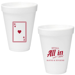 Celebrate lasting love with the Playing Card Still All In Anniversary Cup. One side adorns a hearts playing card graphic, personalized with your initials. The other side is inscribed with "Still All In," alongside the celebratory year and the couple's names, symbolizing a winning hand in marriage.