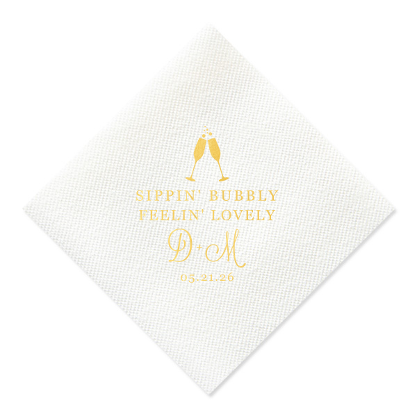 Embrace the effervescent spirit of celebration with the Bubbly Lovely Napkin design, featuring a charming graphic of champagne flutes mid-toast. Boldly declared, "SIPPIN BUBBLY" and "FEELIN LOVELY," encapsulate joy, while the couple's elegantly scripted initials and date add a refined touch to this bubbly, jubilant design.