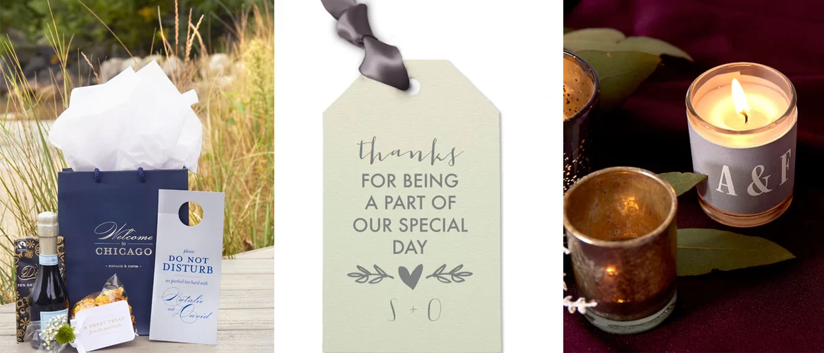 personalized wedding welcome bags, wedding gift tags, wedding votive candles