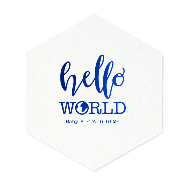 Welcome new beginnings with the Hello World Baby Shower Coaster, where a playful 'hello' meets a globe-adorned 'world.' This vibrant design celebrates the arrival of a little one, turning every table into a map of joyous expectation.