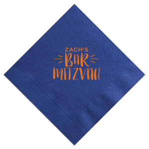Celebrate a milestone with our Bar Mitzvah Burst Napkin, capturing the vibrancy of this significant occasion. Personalized with the celebrant's name, it features "Bar Mitzvah" in a dynamic font, surrounded by energetic lines. Choose from various color schemes to perfectly complement the joyous celebration.