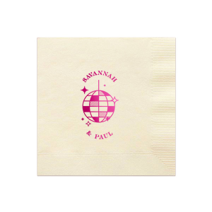 Dance under the stars with ForYourParty.com's 'Retro Wedding Disco Ball Napkin,' foil-printed with a chic disco ball and twinkling stars. Add a touch of vintage glamour to your special day with space for the couple's names, ensuring every detail of your retro wedding shines as bright as your love.