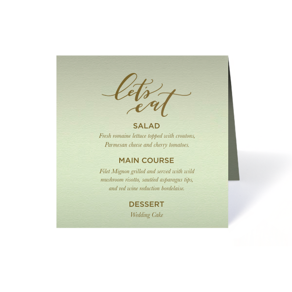 Dine in delight with the Let's Eat Menu, playfully scripted to entice your guests. Detail your feast across ten customizable lines, culminating in the couple's names and date, for a tasteful prelude to culinary celebration.