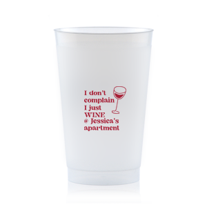 Toast to new beginnings with the Witty Wine Welcome Cup, featuring the clever quip "I don't complain I just wine," topped with a sleek, minimal wine glass drawing. Personalize with your names in a contemporary font for a housewarming filled with laughs and good cheer.