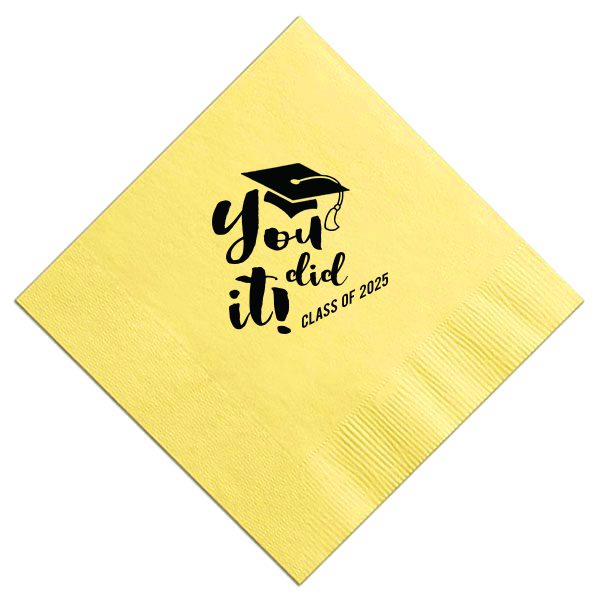 Custom Lemon Cocktail Napkin with Matte Black Foil has a Cap graphic and is good for use in Graduation themed parties and can be personalized to match your party's exact theme and tempo.
