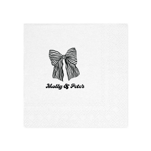 Celebrate love and commitment with the Striped Bow Groovy Couple's Napkin, personalized with the couple's names and embellished with a charming hand-drawn striped bow. Ideal for weddings, engagement parties, or anniversaries.
