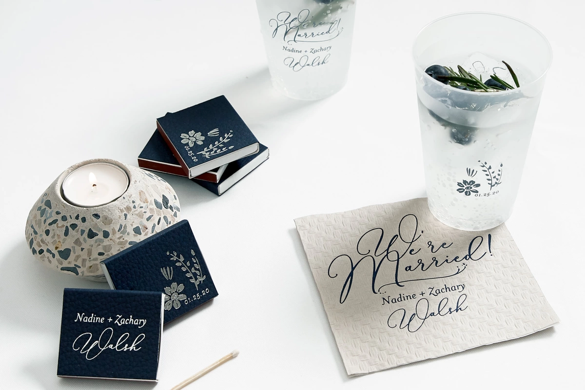 custom designed wedding accessories and a blue(berry) themed signature cocktail