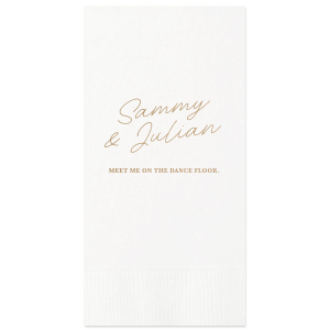 One of our best selling designs, Mod Mediterranean Meet Me on The Dance Floor, takes a flirty twist with this personalized cocktail napkin. Perfect for a classy and classic wedding. 