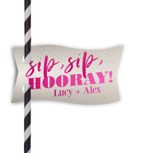 Our custom Leather Like Pearl Double Point Straw Tag with Shiny Fuchsia Foil can be customized to complement every last detail of your party.