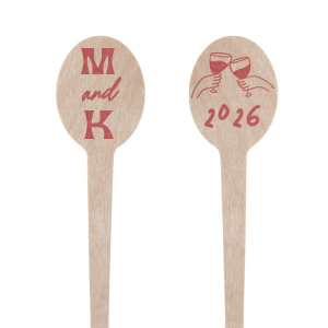 The Toast to the Year Stir Stick elegantly marks your event with your initials displayed in a sleek, modern typeface. On the other side, the year of your special occasion is tastefully presented beneath a hand-drawn illustration of two hands toasting with glasses, capturing the spirit of celebration and togetherness. This personalized stir stick is a trendy and whimsical memento, perfect for commemorating anniversaries, engagements, or any milestone event shared with loved ones.