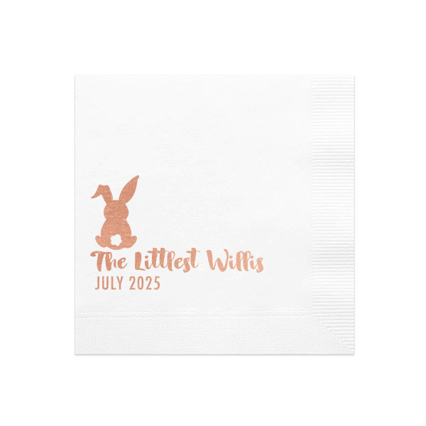 Custom White Cocktail Napkin with Shiny Rose Gold Foil has a Bunny graphic and is good for use in Animals, Easter, Holiday themed parties and will make your guests swoon. Personalize your party's theme today.