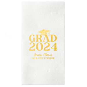 Honor the graduate's milestone with the Grad Cap Elegance Year Napkin, featuring a dignified graduation cap, the year of triumph in bold text, and the graduate's name in an elegant script. A classy and memorable addition to any graduation party tablescape.