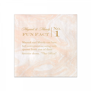 Spark curiosity at your celebration with the Classic Fun Fact Napkin artfully pairing your names in whimsical script with a numbered series of engaging facts. These napkins unfold your story, inviting guests to connect over shared discoveries.