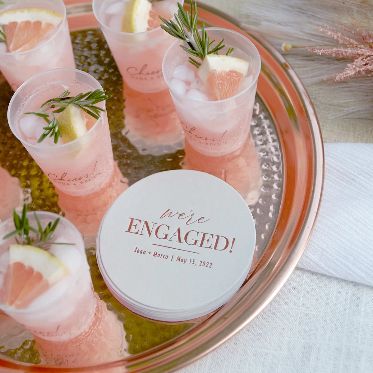 We're engaged circle foil stamped coaster
