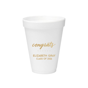 Our beautiful custom Gold Ink 20 oz Styrofoam Cup with Gold Ink Cup Ink Colors has a Congrats graphic and is good for use in Words, Hearts, Wedding themed parties and can be personalized to match your party's exact theme and tempo.