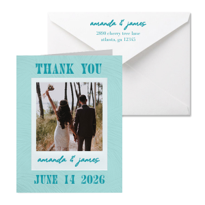 Capture the memories and gratitude with this vintage-inspired Polaroid Wedding Thank You Card! The card's playful design evokes a sense of nostalgia and brings a fun and quirky touch to your thank you message. Your guests will love the personalized touch and the retro vibe!
