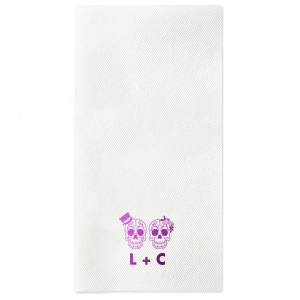 The Sugar Skull Wedding Napkin design artfully embraces Mexican tradition with personalized sugar skulls, symbolizing a joyful blend of love and cultural heritage. Perfect for a wedding celebration, it infuses a vibrant, festive spirit, paying homage to life, love, and the beauty of intertwined journeys. 