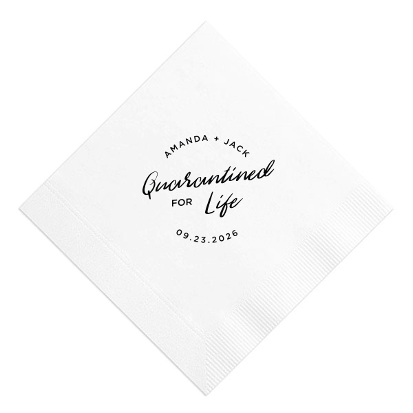 Celebrate enduring companionship with the Quarantined For Life Framed Napkin. Centered around the large script phrase "Quarantined for Life", it humorously acknowledges a couple's lifelong commitment post-pandemic. The couple's names arch above, with the celebration date below, making it a lighthearted memento of unity and love.