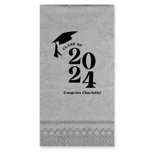 Commemorate the culmination of hard work with the Bold Year Graduate Cap Napkin, personalized with the graduate's name and the year set in a bold font, alongside a distinguished graduation cap graphic. A proud addition to any graduation party's decor.