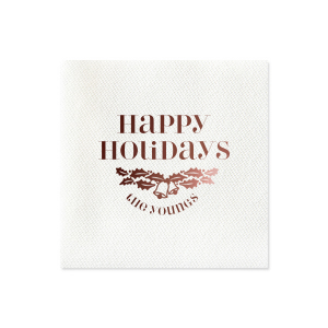 Ring in the season with the Holly Bells Holiday Napkin, festooned with traditional holly and jolly bells. 'Happy Holidays' and your family name below personalize the cheer, making each gathering a timeless celebration of winter's joy.