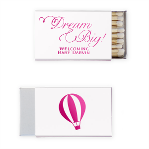 Our custom Natural White 30 Strike Matchbook with Shiny Fuchsia Foil has a Hot Air Balloon 2 graphic and is good for use in Travel, Baby Shower themed parties and will give your party the personalized touch every host desires.