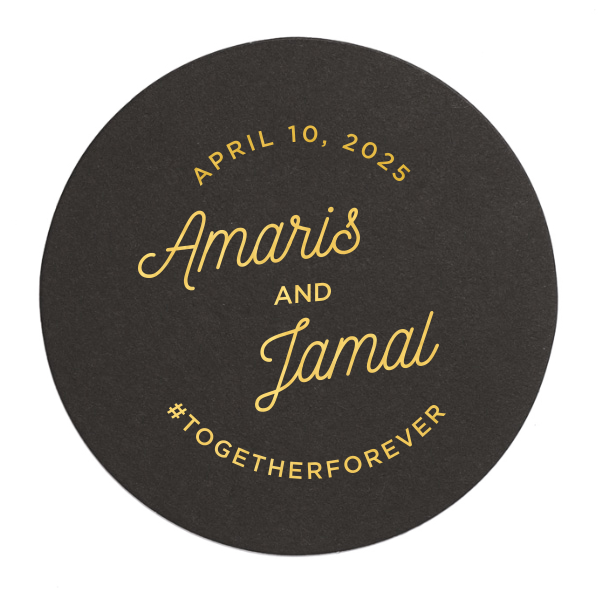 Toast to elegance with the Elegant Modern Script Name & Hashtag Coaster, where love circles timelessly. The couple's names dance in a chic script, crowned by the celebration date and grounded with a bespoke hashtag, inviting guests to share the joy. It's a classy touch to any refined celebration. 