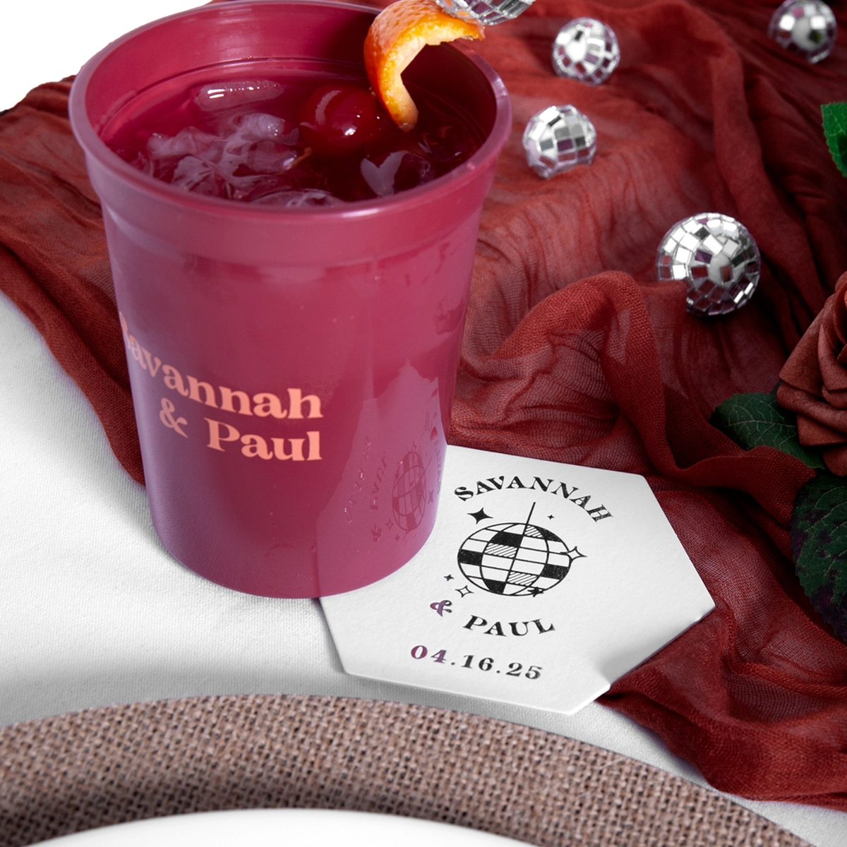 retro wedding custom cup and personalized coaster