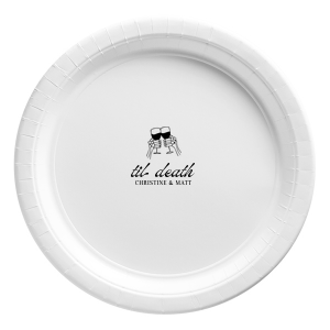 Treat your guests with the elegance of the Til Death Toast Plates at your next Halloween event. Guests will be clearing their plates to peak at the design underneath. Adorned with two skeletal hands clinking wine glasses above personalized text, they are perfect for seasonal weddings or Halloween events.