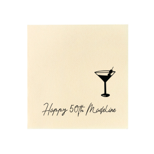 Celebrate in style with the sophisticated Martini Glass Script Birthday Napkin. Featuring a chic, cursive script, these napkins will add an elegant touch to your party decor when customized with your name. Perfect for a martini themed birthday celebration, these napkins are sure to impress your guests and make a milestone occasion extra special.