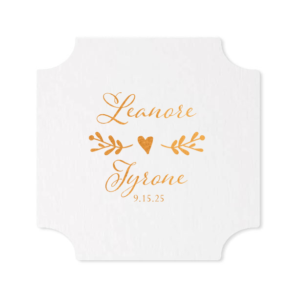 ForYourParty's personalized Eggshell Scallop Coaster with Shiny Rose Quartz Foil has a Twig Flourish graphic and is good for use in Floral and Wedding themed parties and will make your guests swoon. Personalize your party's theme today.