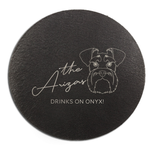 Get your pup in on the action by personalizing a coaster for your wedding or event with schnauzer clip art! You can customize this coaster with the name of your dog best friend and your last name. 