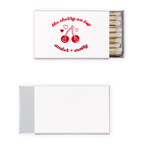 Your next event is sure to be special with the Cherry On Top Matchbox! The cute and stylish matchbox features a cheery pair of cherries and is customizable in a variety of styles and colors, making a lovely souvenir or memento for your next special party occasion.