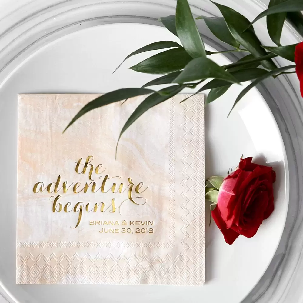 marbled 2020 wedding cocktail napkin with sweet "the adventure begins" foil stamping