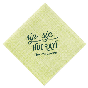 The Retro Sip Sip Napkin design combines whimsy with nostalgia. "sip sip" in an artistic, flourished script evokes a retro feel, while "HOORAY" in bold all-caps exudes celebratory enthusiasm. Below, the family name adds a personal touch to this charming and fun design.