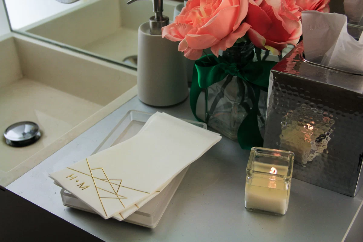 custom designed guests towel in wedding venue powder room