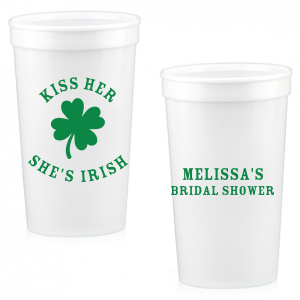 Add a dash of good luck to your event with the Kiss Me I'm Irish Cup! Featuring a dour leaf clover on one side and space to personalize with your name and the event you're celebrating on the other side, this custom cup is perfect for a bridal shower or entertaining at home. 