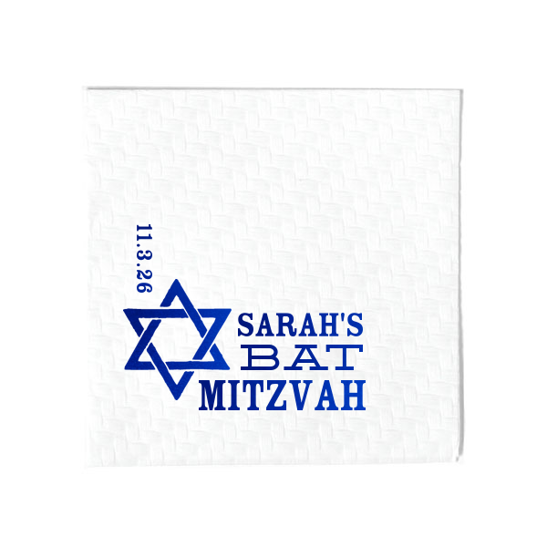 Mazel Tov to the Bat Mitzvah on her milestone moment! The Star of David Bat Mitzvah Napkin elegantly displays the celebrant's name and special date beside the Star of David. A symbolic and traditional design for this coming of age ceremony.
