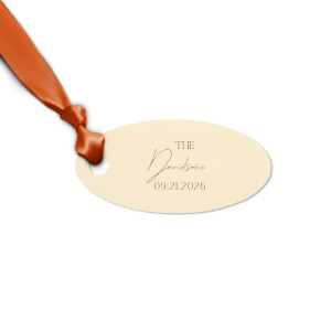 Add a personalized touch to your wedding favors with the Boho Terracotta Wedding Date Gift Tag. This tag begins with "The" in a stately serif font, followed by the newlyweds' surname in a graceful script. Finalize this bespoke detail with the date of your special day, all in the same classic font, capturing the essence of your chic and moody fall celebration.