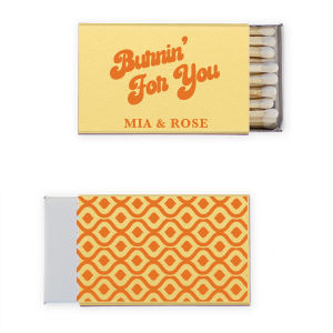 Ignite the spirit of the '70s with the Mod Mediterranean Groovy Script Matchbook, featuring boho fonts against vibrant, retro-inspired colors. These matchbooks are a fun flashback to groovy times, perfect for lighting up your celebration with vintage charm.