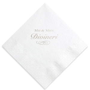 Personalized White Cocktail Napkin with Shiny Sterling Silver Foil has a Flourish 12 graphic and will give your party the personalized touch every host desires.