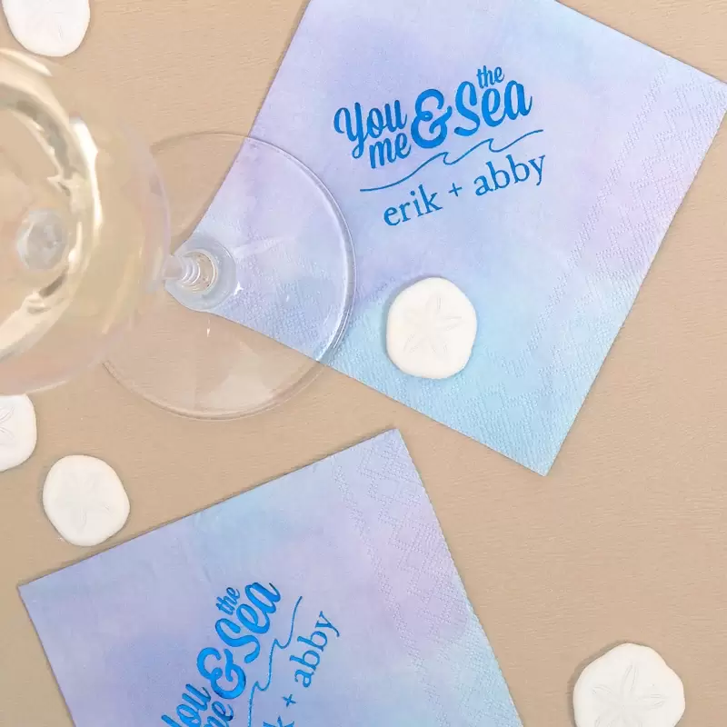 you me and the sea watercolor wedding cocktail napkins
