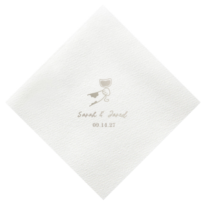Add a whimsical touch to your wedding celebration with the Toasting Hands Wedding Napkin, showcasing a charming cartoon hand toasting with a glass of wine. Customizable with the couple's names in a sweet script font and the special date in an elegant serif below, this napkin is a perfect blend of fun and sophistication.
