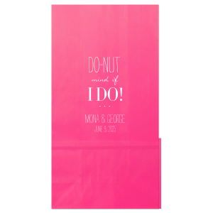 Indulge in playful sweetness with the DO-NUT Mind If I Do! Bag, perfect for gift giving at weddings. This cleverly worded bag features "I DO" in bold, celebrating nuptials, with the couple's names and date adding a personal touch. A delightful, fun way for guests to take a piece of joy home from your special day.
