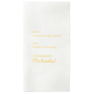 Toast to the graduate's bright future with the Next Chapter Graduation Napkin, featuring a cheeky "Out: [High School Name], In: [College Name]" design. Personalize with the graduate's name for a playful touch on this momentous transition.