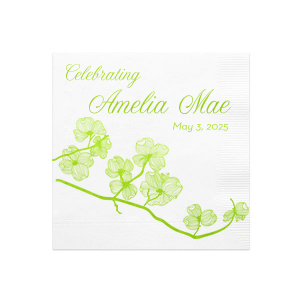 Personalized White Cocktail Napkins with Bleed with Shiny Kiwi / Lime Foil has a Dogwood graphic and is good for use in Milestone and Garden themed parties and will add that special attention to detail that cannot be overlooked.