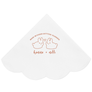 Hop into matrimonial joy with the Some Bunnies Wedding Napkin, complete with an adorable drawing of two bunnies and a heart nestled between them. The playful phrase "Some Bunnies Getting Married" sets a whimsical tone, while the area below awaits the couple's names, scripted with modern elegance. A delightful addition to your wedding tablescapes.